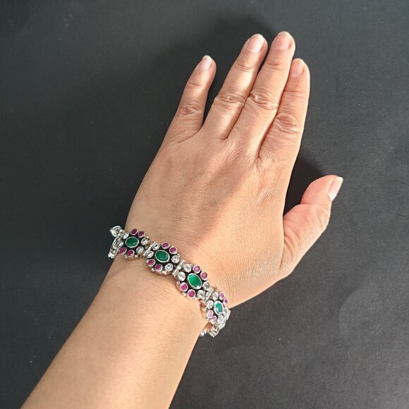 Vintage Mughal Revival 925 Silver Genuine Ruby & Green Crystal Floral Bracelet - Picture 10 of 13